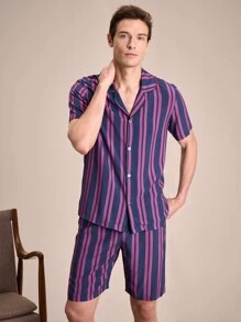 EverLounge Men's Contrast Stripe Print Short Sleeve Shorts Pajamas Set - Multicolor - View 1