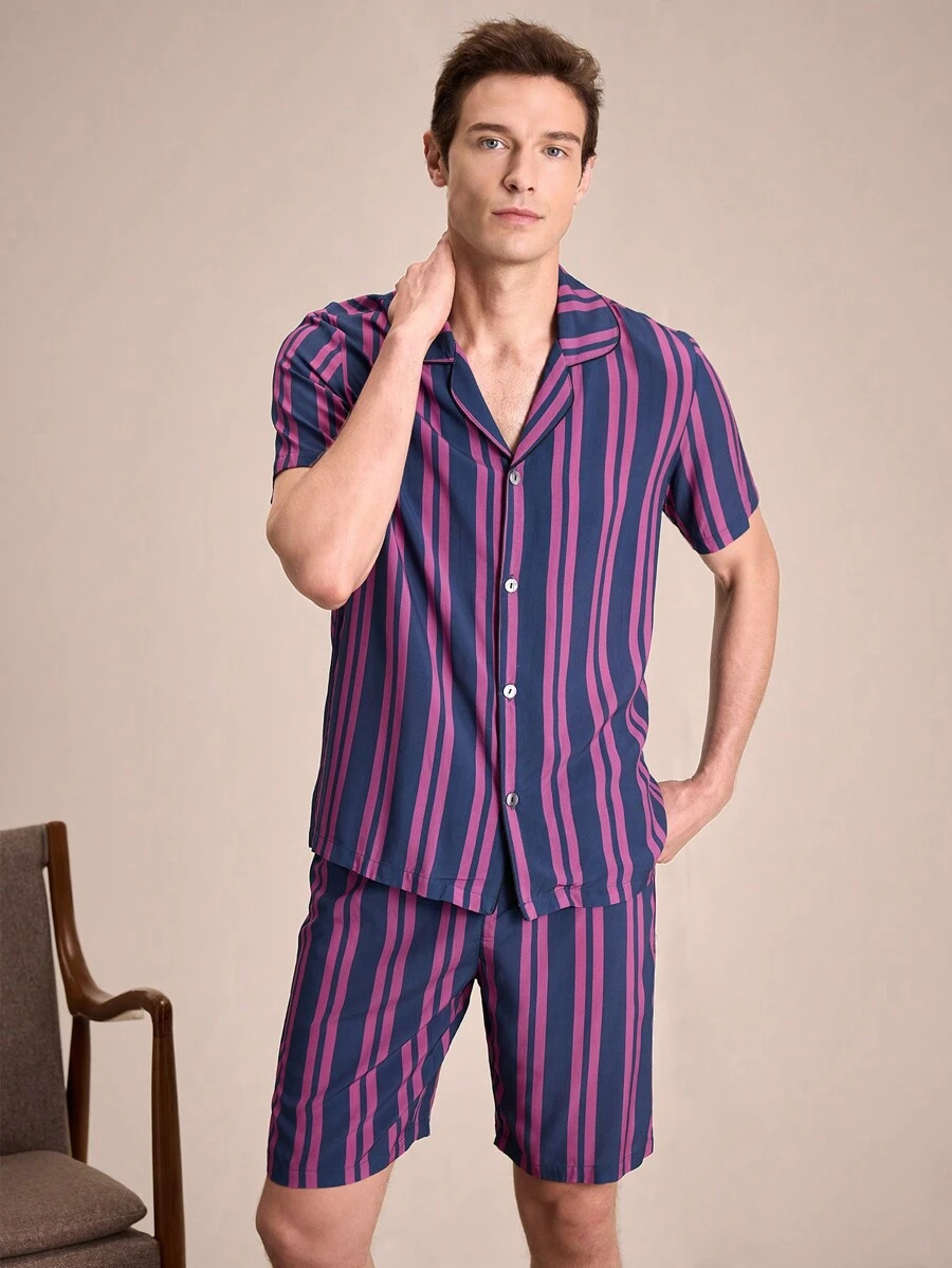 EverLounge Men's Contrast Stripe Print Short Sleeve Shorts Pajamas Set - Multicolor - View 1