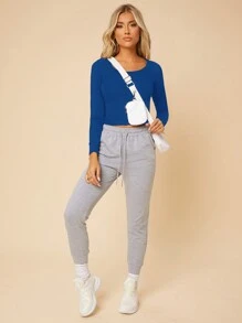 RueChic Solid Scoop Neck Slim Fit Tee - Royal Blue - View 4