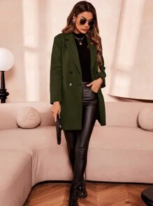 SHEIN Clasi Women's Lapel Long Sleeve Button Elegant Fashion Coat In Fall/Winter - Army Green - View 6