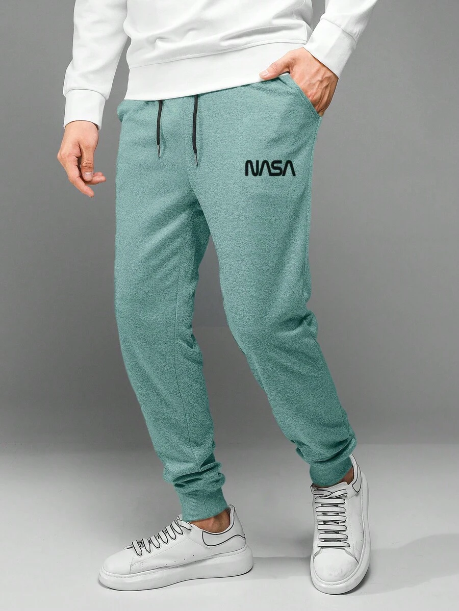RueChic Men's Drawstring Waist Letter Print Sports Sweatpants - Green - View 1