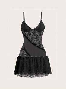SHEIN X KeniaOs TrendSteals Asymmetrical Lace Patchwork Tight Mini Dress With See-Through Design And Ruffled Trim - Black - View 4