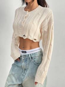 SHEIN Unity Women's Round Neck Button Closure Long Sleeve Short Casual Soft & Sweet Knitted Sweater, Fall Winter - Beige - View 6