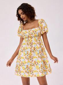 Forever 21 Vacation Style Casual Mini Ditsy Floral Puff Sleeve A-Line Dress - Multicolor - View 4