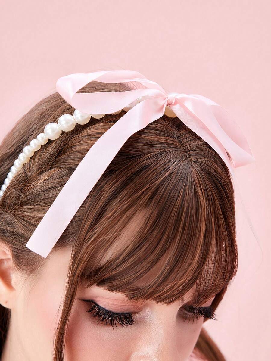 ROMWE JFashion French Pink Bow Ribbon Pearl Hairband, Sweet And
