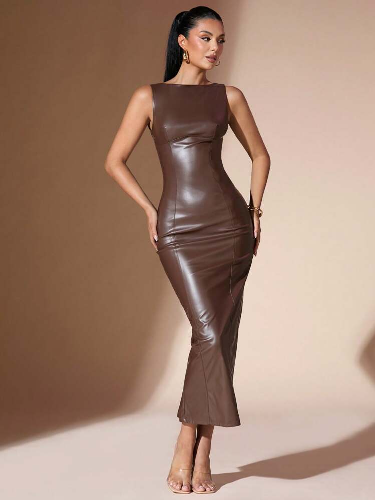SHEIN BAE Vestido Tubinho de Couro PU sem Mangas para Mulheres - Café - Visão 5