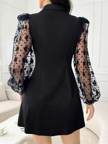 Modelyn Women's Lace Embroidery Splicing Front Button Notched Collar Blazer Jacket - Black - View 2