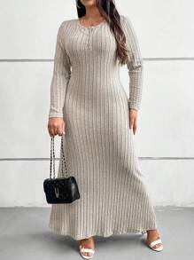 Calvaya Plus Size Long Sleeve Ribbed Knit Elegant Dress - Apricot - View 5
