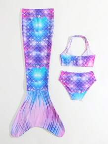 Baby Young Girl Fish Scale Print Halter Bikini Top And Bottoms Bikini Set Summer Beach