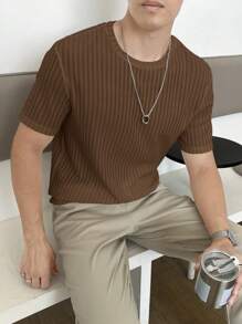 Mainfolk Men Solid Ribbed Knit Tee, Summer - Brown - View 5