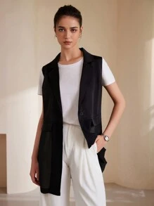 SHEIN Privé Fashionable Satin Contrast Mesh Midi Vest, Spring/Summer , Black - Black - View 2