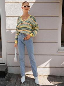 EURMUSE Geo Pattern Drop Shoulder Sweater - Multicolor - View 5