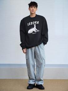 DAZY Men's Letter & Animal Pattern Long Sleeve Pullover Sweatshirt, Fall , Crewneck - Black - View 3