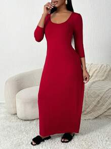 SHEIN SXY Lässiges, Oversized Damen Langkleid mit 3/4 Ärmeln für den Herbst - Bordeaux - Übersicht 3