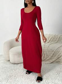 SHEIN SXY Lässiges, Oversized Damen Langkleid mit 3/4 Ärmeln für den Herbst - Bordeaux - Übersicht 7