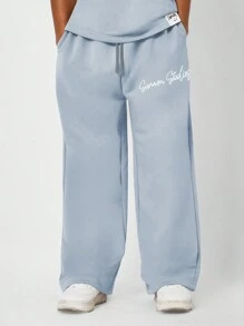 SUMWON Tween Girls Oversized Fit Elbow Sleeve Tee And Straight Fit Sweatpants With Embroidery 2 Piece Set - Blue - View 4