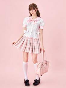 ROMWE Kawaii 女式学院风海军蓝领结荷叶边下摆衬衫，学校 - 白色 - 查看 2