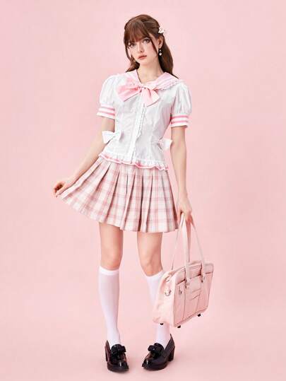 Kawaii Blouse à col marin nœud papillon, volant à l'ourlet, style universitaire, pour école