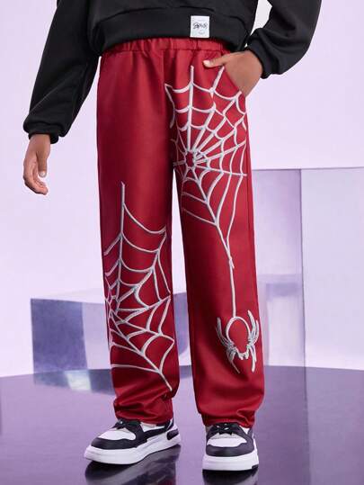 SHEIN 男童休闲蜘蛛印花裤