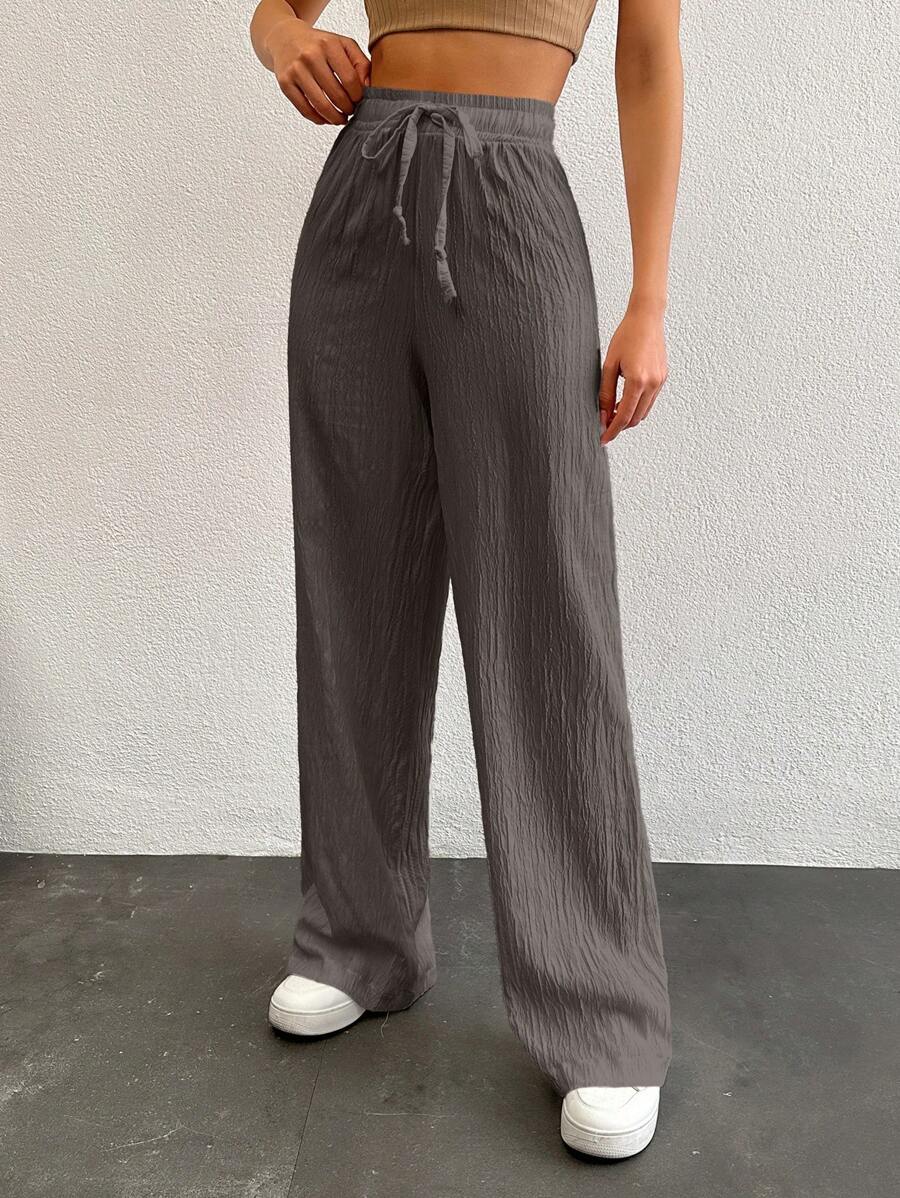 SHEIN Tall Tall Women's Solid Color Long Waist Drawstring Pants - Chocolate Brown - View 1