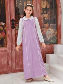 Tween Girls Ruffled Collar Floral Patchwork Casual Long Dress