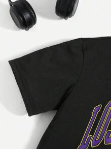 SHEIN Tween Boys' 2pcs/Set Cool Basketball Graphic Black T-Shirt And Ripped Frayed Loose  Denim Blue Shorts Set ,For Back To School Two-Piece Set - Multicolor - View 4