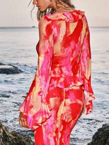 Opulessa Vacation Multi-Print Women's Flare Sleeve Top With Ruffle Hem, Long Sleeve