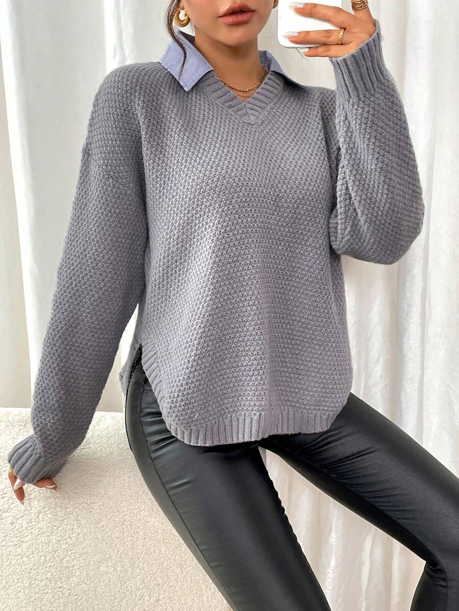 Chiquease Women V-Neck Long Sleeve Plain Casual Split Hem Pullover Sweater Knit Pullover Fall Winter Outfit