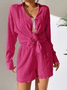 SHEIN LUNE 2pcs Women's V-Neck Button Textured Long Sleeve Blouse & Relaxed Fit Shorts Set, Casual Outfit - Hot Pink - View 4