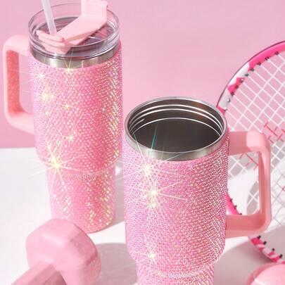 Cốc giữ nhiệt bằng thép không gỉ 40oz, Bình nước dung tích lớn, Cốc có đính đá và ống hút và tay cầm, 1 Bình nước cách nhiệt chân không cho gia đình, văn phòng hoặc xe hơi, Cốc có thể tái sử dụng có ống hút Nắp lật chống rò rỉ (màu hồng) Làm quà tặng Giáng sinh cho ngày lễ, Quay lại trường học