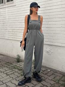 DAZY Women Solid Color Suspender Cargo Pants With Drawstring School - Dark Grey - View 4