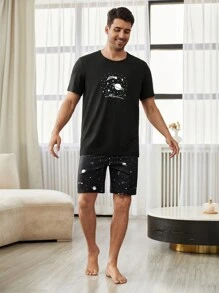 CoupledUp Men's Star Print Short Sleeve Crew Neck Pajama Set