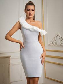 Zolique Women Ruffled Asymmetrical Neck Bodycon Elegant Dress - Silver - View 5