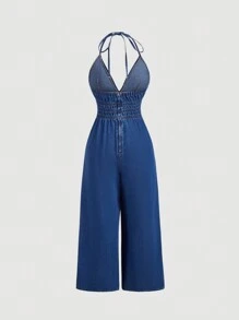 SHEIN MOD Bộ áo liền quần bằng vải denim có dây buộc lưng dành cho nữ, trang phục thường ngày - Rửa tối - Xem 2