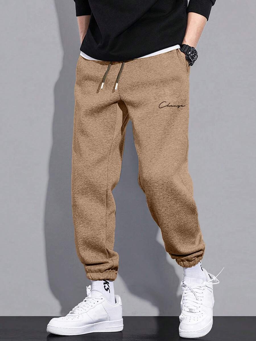 SHEIN Cottnline 男式字母印花抽绳运动裤 - 摩卡棕 - 查看 1