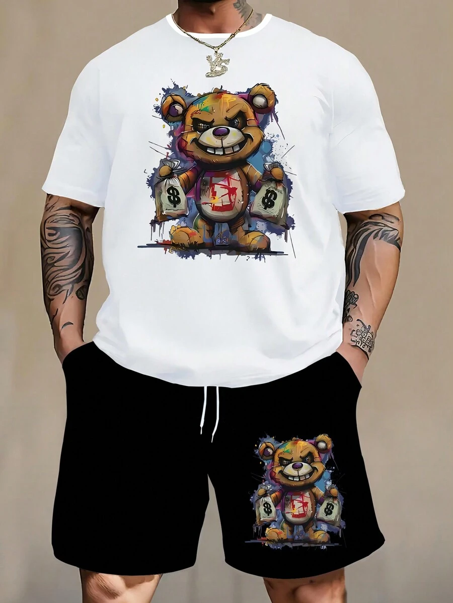Conjunto de Camiseta Impressa com Urso em Tamanho Grande para Homens