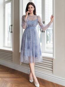 DAZY Đầm suông tay phồng in hoa họa tiết trở lại trường dành cho nữ, Đầm suông mùa thu, Đầm dài tay - Màu xanh lam - Xem 6