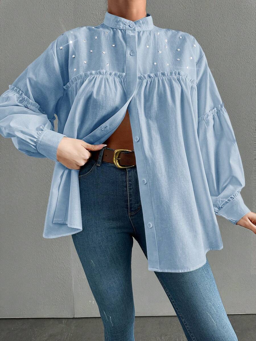 EURMUSE 100%Cotton Women's Elegant Solid Color Stand Collar Lantern Sleeve Shirt With Ruffle Trim, Rhinestone Decoration And Pleats, Spring And Summer - Blue - View 1