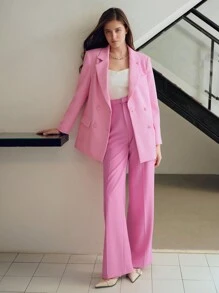 MOTF STUDIO SOLID BUCKLE WAIST SLANT POCKET SEAM FRONT SUIT PANTS - Pink - View 3