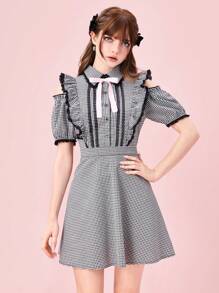 ROMWE Kawaii Women Contrast Binding Bow Decor Pleated Ruffle Hem Plaid Mini Dress, School - Black and White - View 4