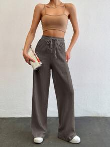 SHEIN Tall Tall Women's Solid Color Long Waist Drawstring Pants - Chocolate Brown - View 6