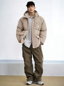 DAZY Men's Zip-Up Hooded Padded Coat With Letter Print, Winter Jacket - Khaki - View 3