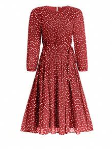 PoPoHouse 女士优雅夏季印花连衣裙，灯笼袖圆领设计，适合度假穿着，春夏皆宜。 - 酒紅色 - 查看 6