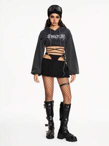 ROMWE Grunge Punk Sudadera holgada para mujer con estilo grunge, bordado gráfico, efecto desgastado, cintura con cordón y mangas exageradas