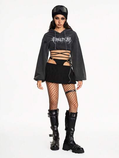 Grunge Punk Sweat-shirt surdimensionné pour femme, style grunge, avec graphique brodé, délavé, avec cordon de serrage à la taille et manches exagérées