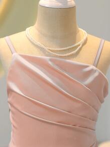 SHEIN Vestido formal largo con abertura y tirantes finos elegante para niñas preadolescentes, para presentaciones, bodas y fiestas de cumpleaños - Rosa - Ver 5