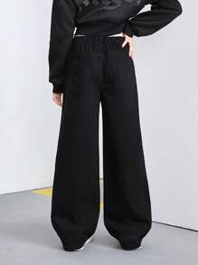 SHEIN Explorewe Tween Girls' Furry Y2K Patchwork Long Denim Jeans - Black and White - View 9