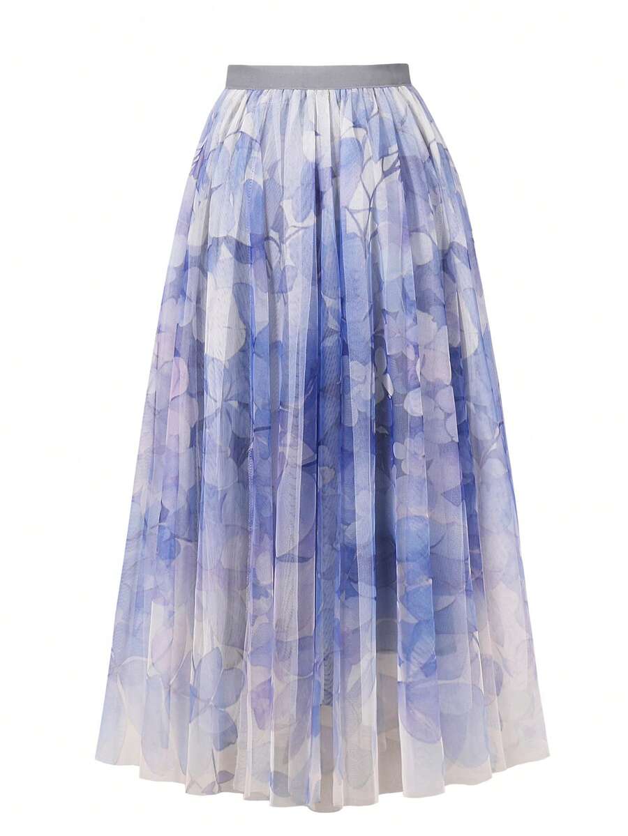 Floral Print Mesh Skirt - Mauve Purple - View 1