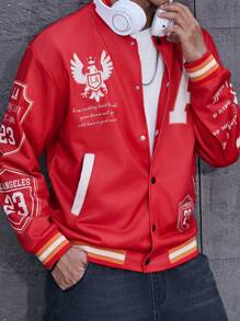 Manfinity Roghcode Men's Summer Sports College-Style Oversized Letter Pattern Eagle Badge Printed Red Baseball Collar Jacket - Red - View 1