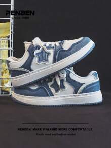 RENBEN 1 par Zapatos de patinaje y mezclilla con parches para mujer, con patrón de estrella vintage desgastado, casuales y cómodos